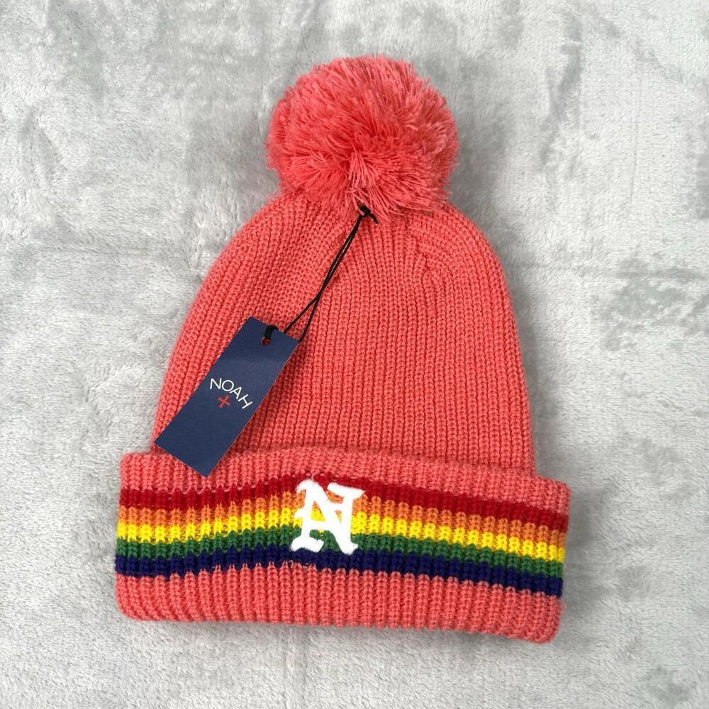NWT Noah NYC Rainbow Stripe Pom Beanie Coral Pink Made In Canada Y2K Streetwear